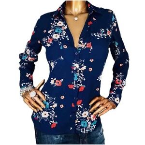 Express S Top Floral Prints Button Up Shirt Low V Cut Long Sleeves Low Office